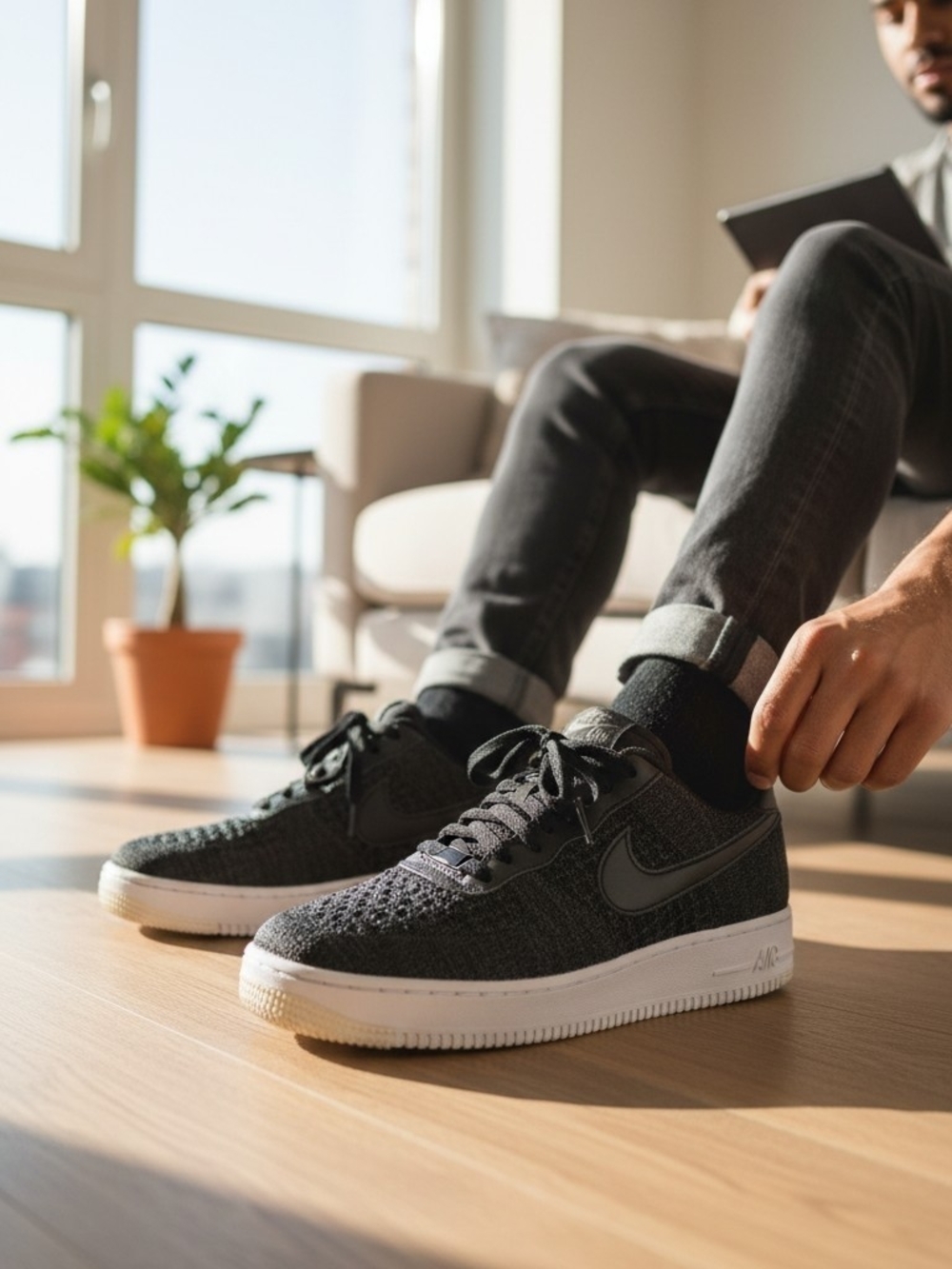 Women's Nike Air Force 1 Flyknit Shoe Black Anthracite White Size 9